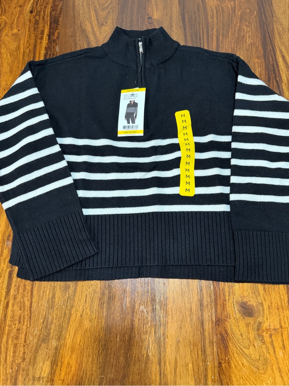 NWT DKNY Women's M Quarter Zip Sweater Black White Stripe Mock Neck $79